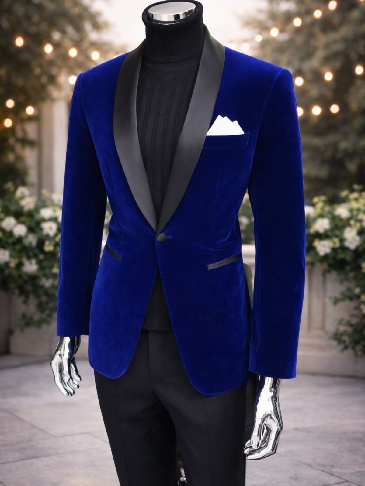 A royal blue velvet blazer with black lapels and a white pocket square on a mannequin.