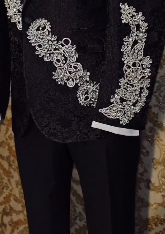 Black damask blazer with silver rhinestone floral embroidery on the front and lapels.