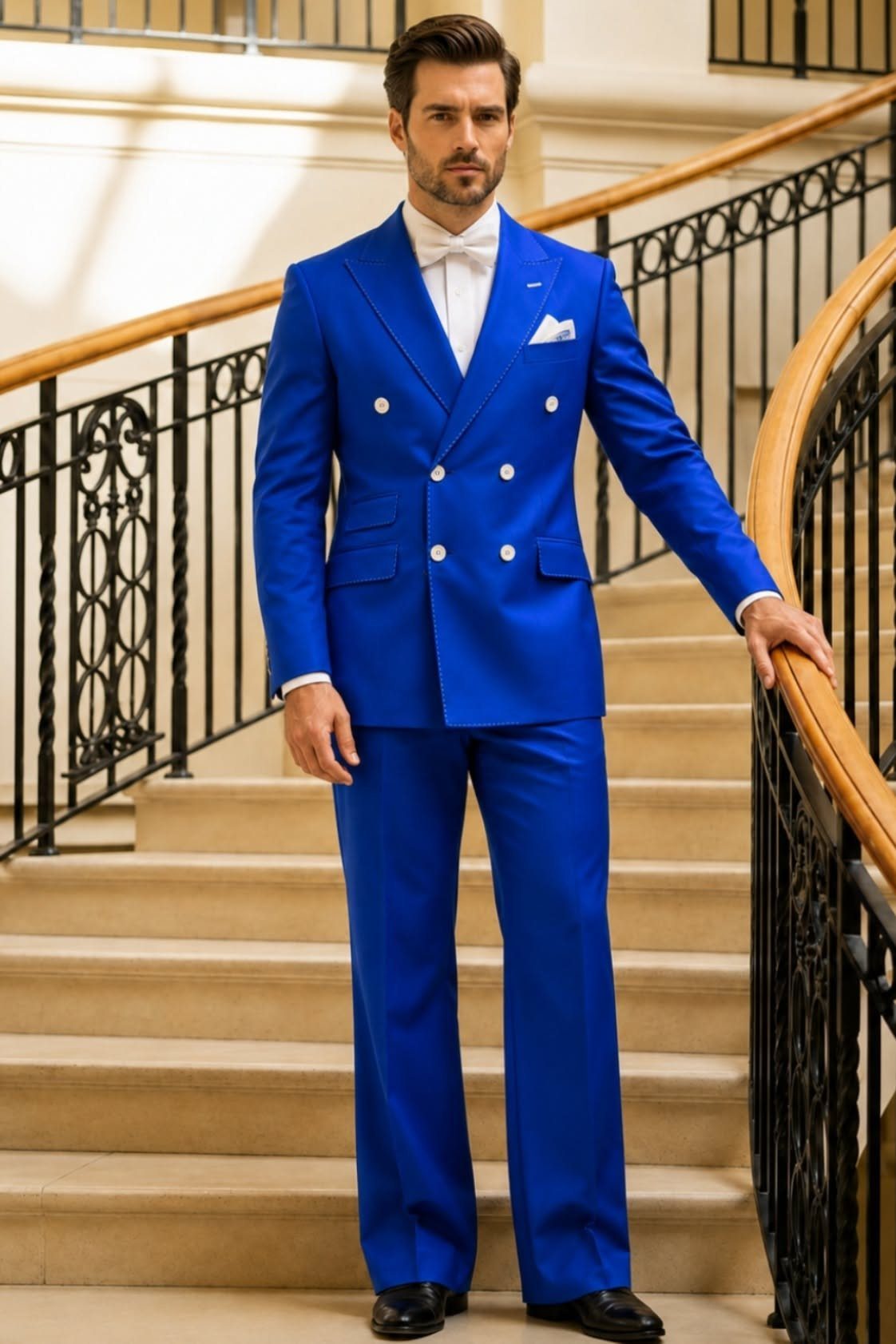 Man in a bright royal blue double-breasted suit posing on a grand staircase.