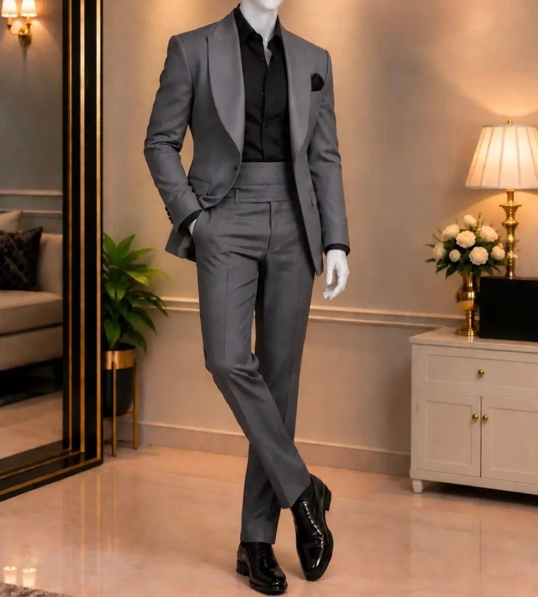 A grey suit with a black shirt displayed on a mannequin in an elegant room.