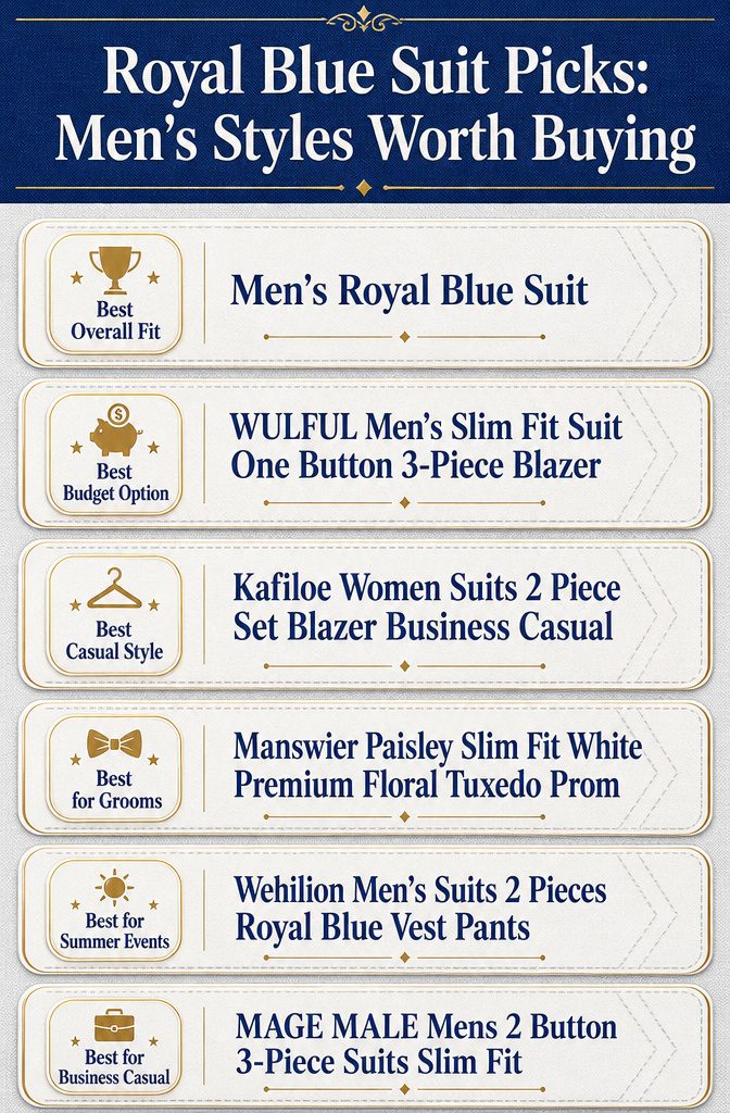 An infographic comparing various royal blue suit styles with product details.