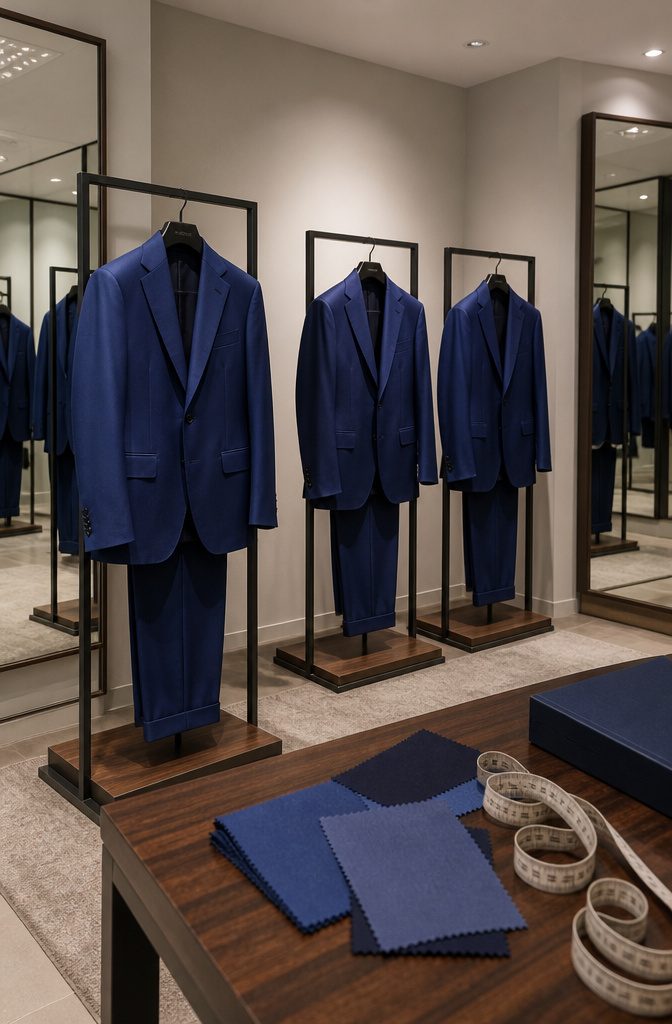 A well-organized fitting room with suits and accessories displayed neatly.