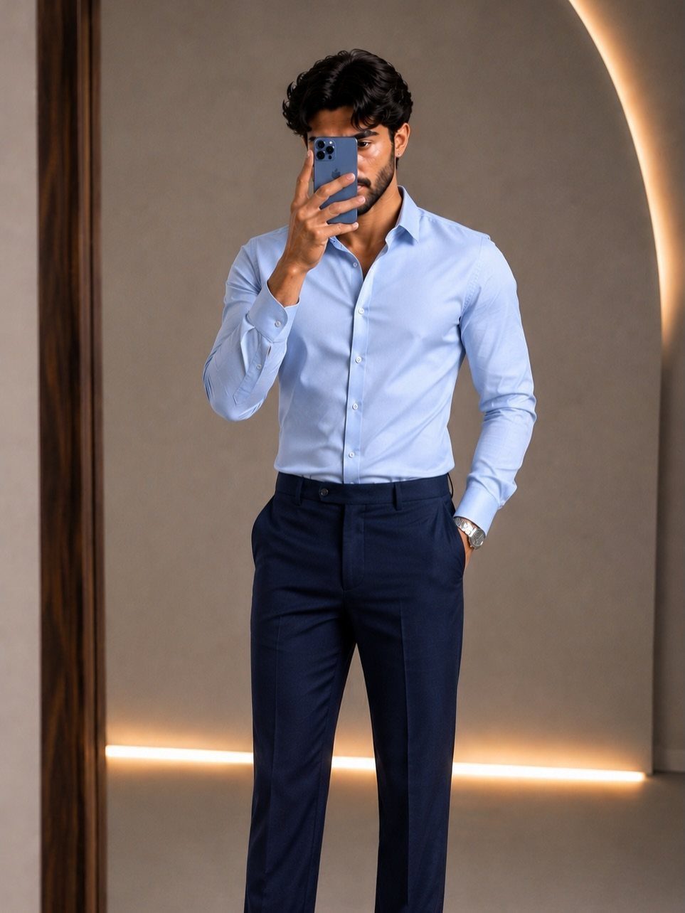 Man in a light blue dress shirt and navy blue trousers taking a mirror selfie.