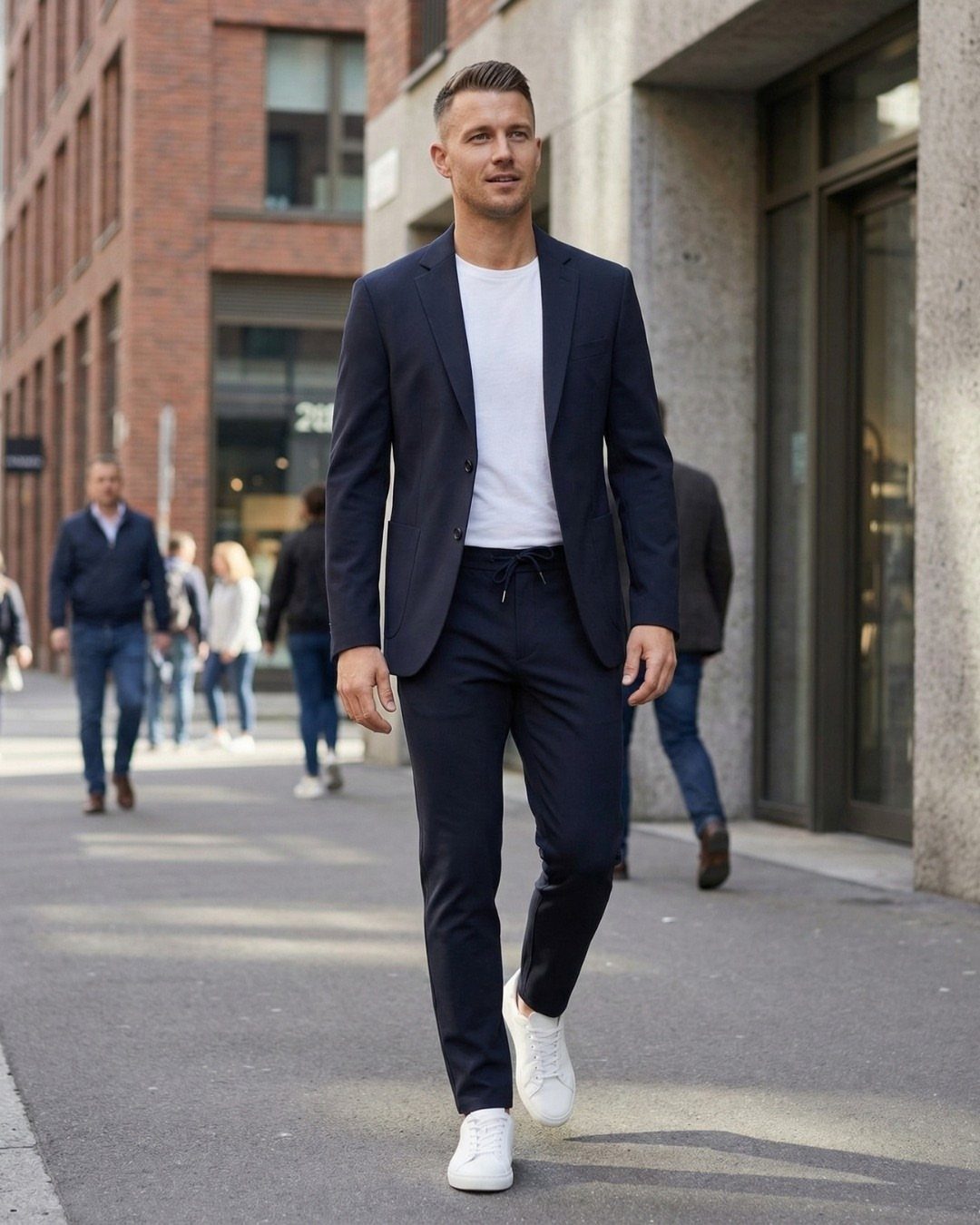 A man walking in a city wearing a navy slim-fit blazer, white t-shirt, and navy trousers.