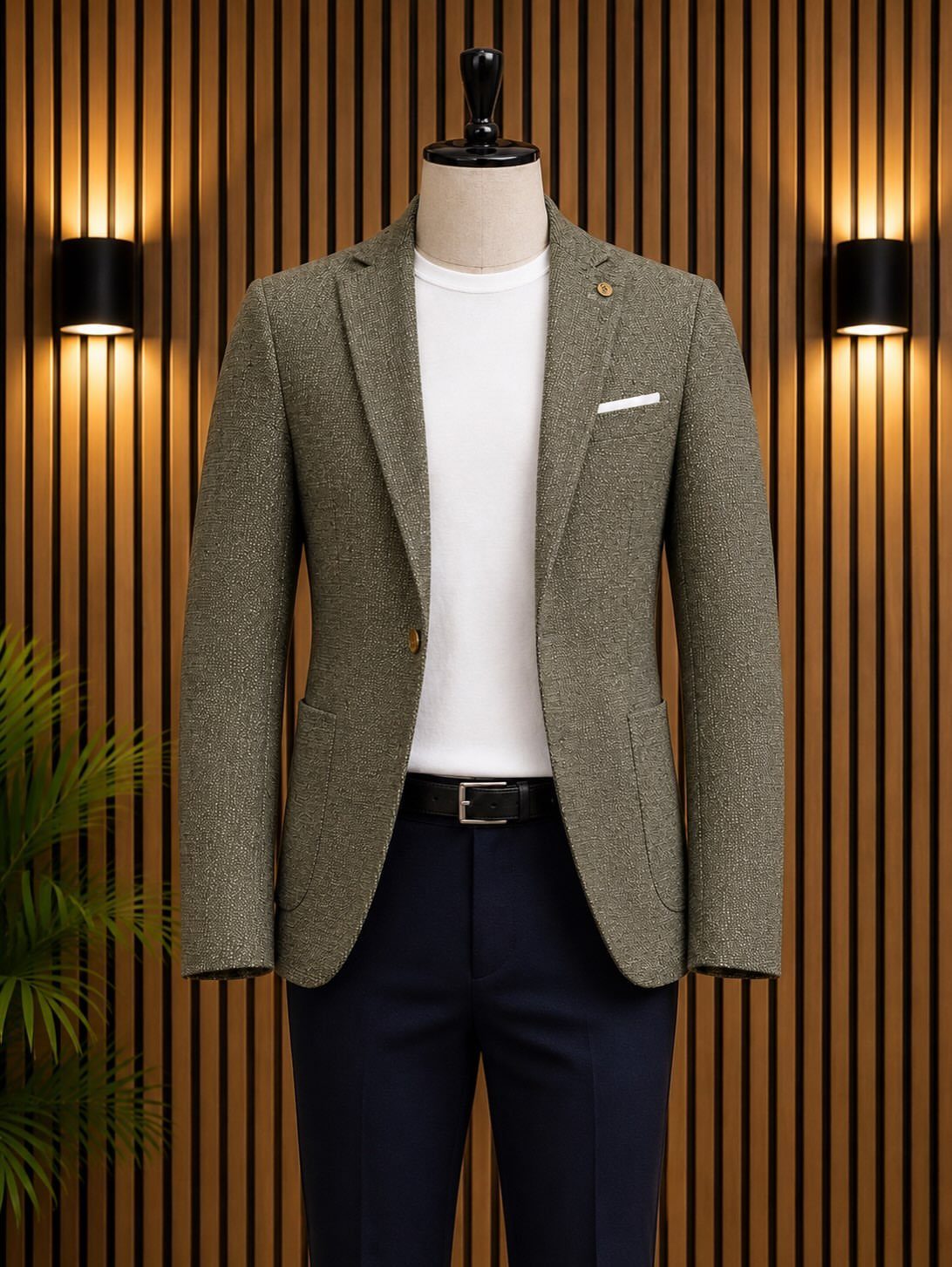 Olive green textured slim-fit blazer on a mannequin with a white t-shirt and navy trousers.