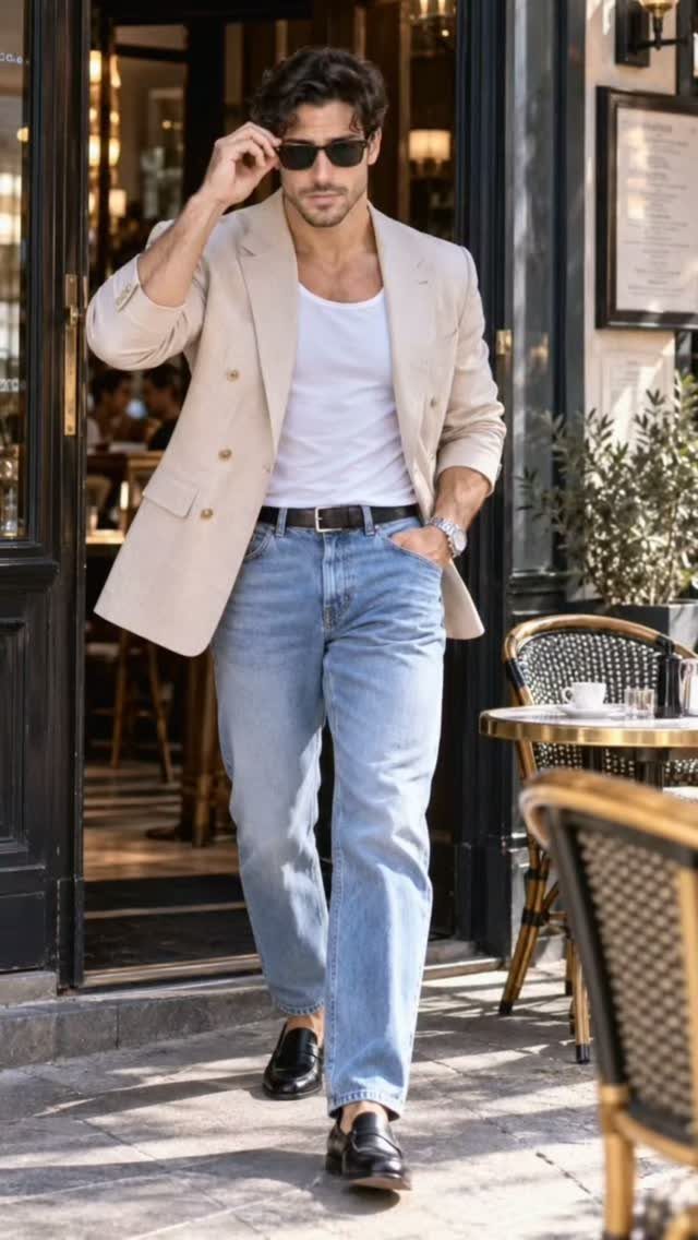 Man in a beige blazer, white tank top, and light blue jeans walking past a cafe.