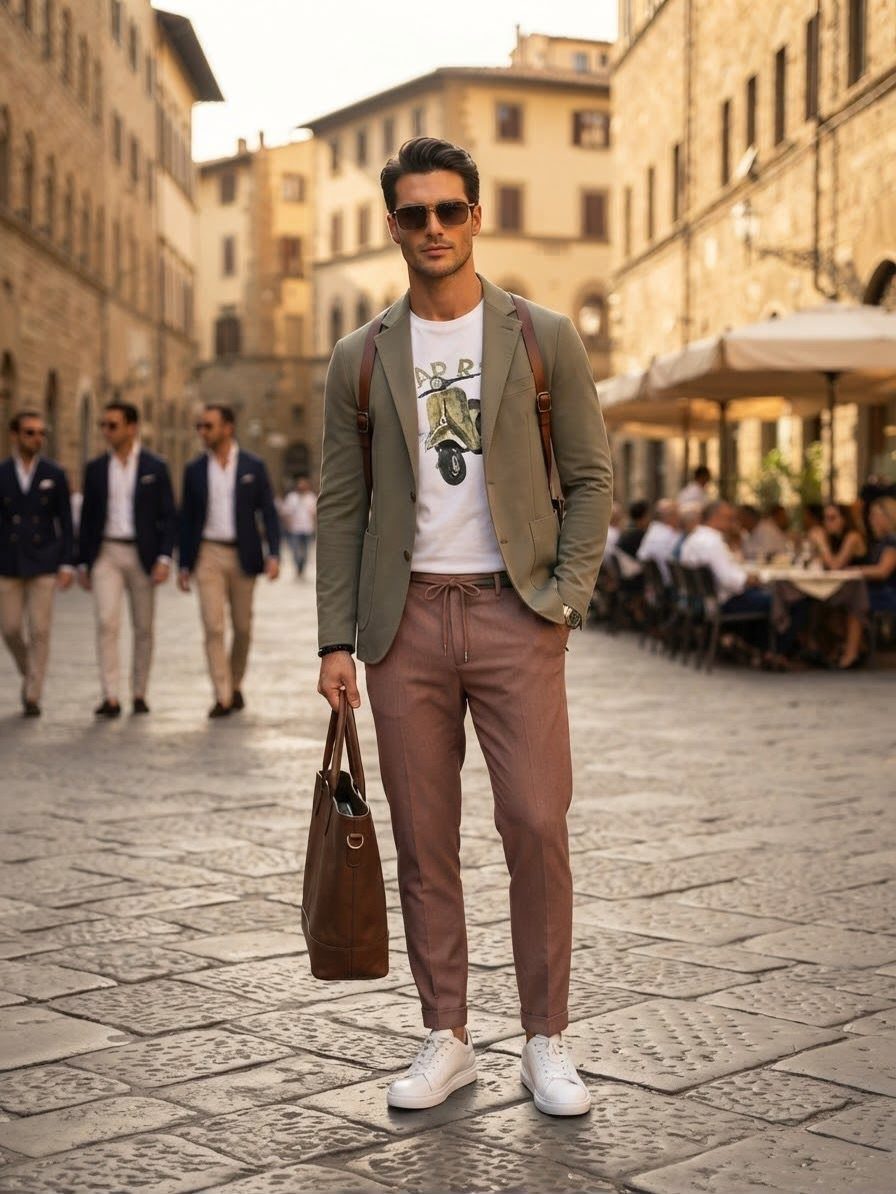 Man in a green blazer, graphic t-shirt, and mauve trousers standing on a cobblestone street.