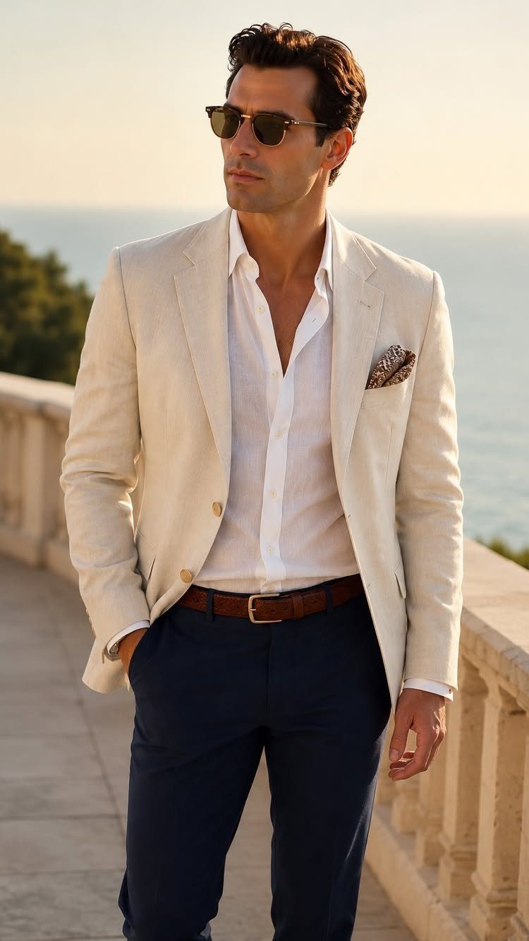 Man in a cream linen blazer, white shirt, and navy trousers standing by the sea.