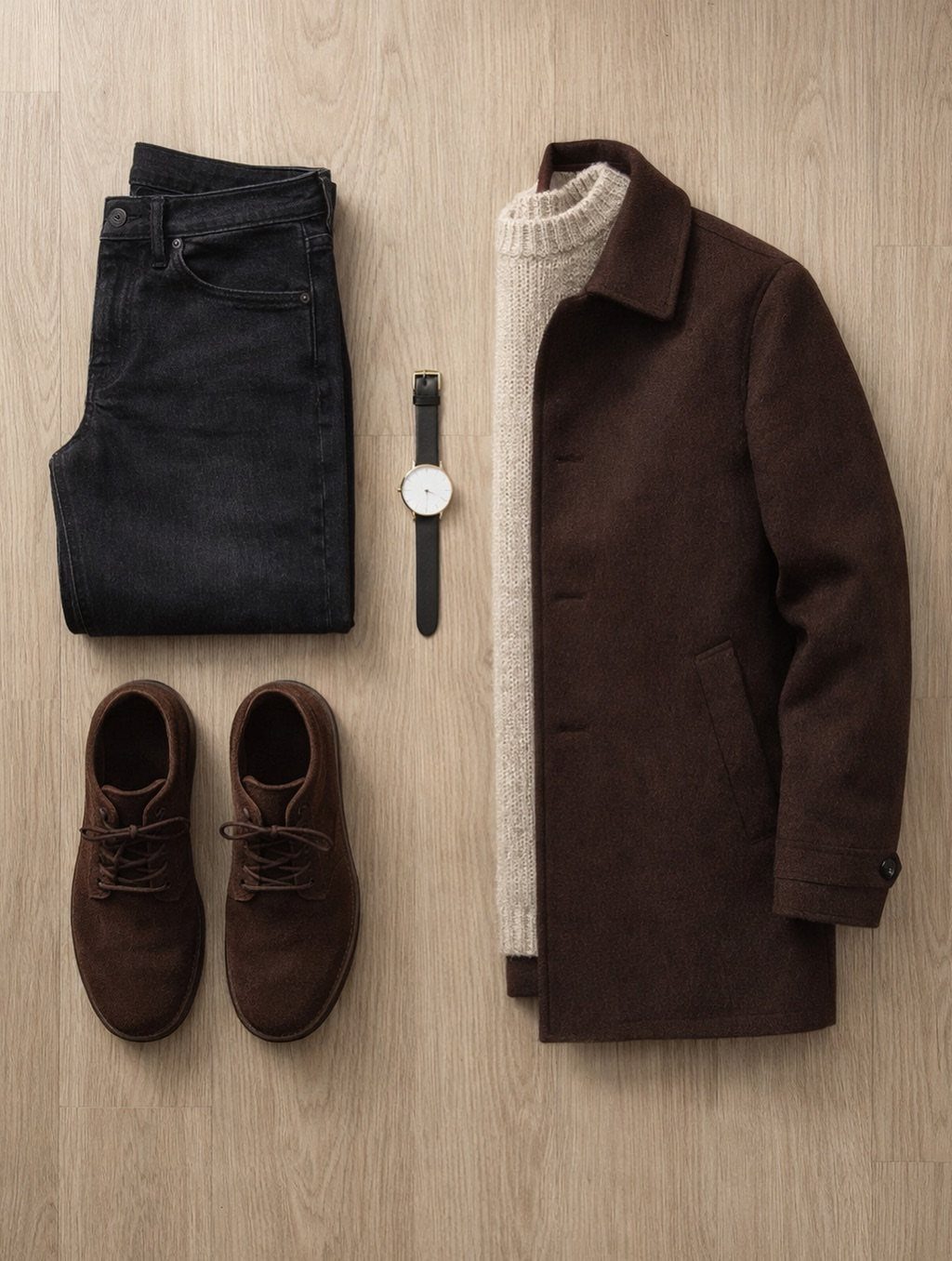 Dark jeans, brown coat, cream sweater, brown boots, and a watch laid on wood.