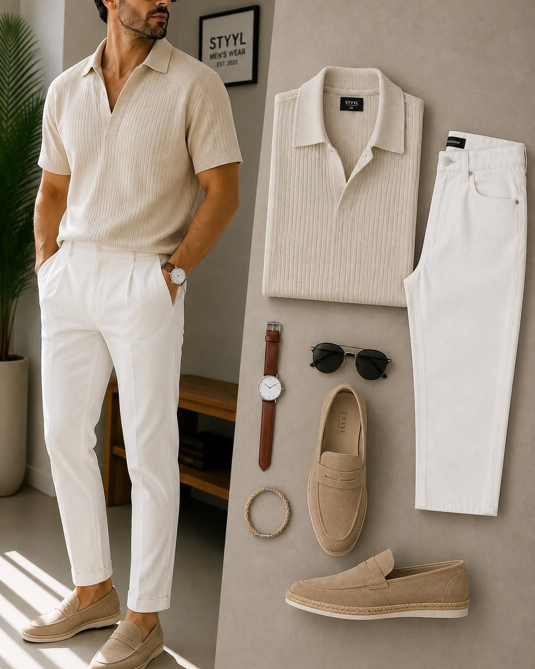 Man in beige polo and white trousers standing beside a coordinated outfit flat lay.
