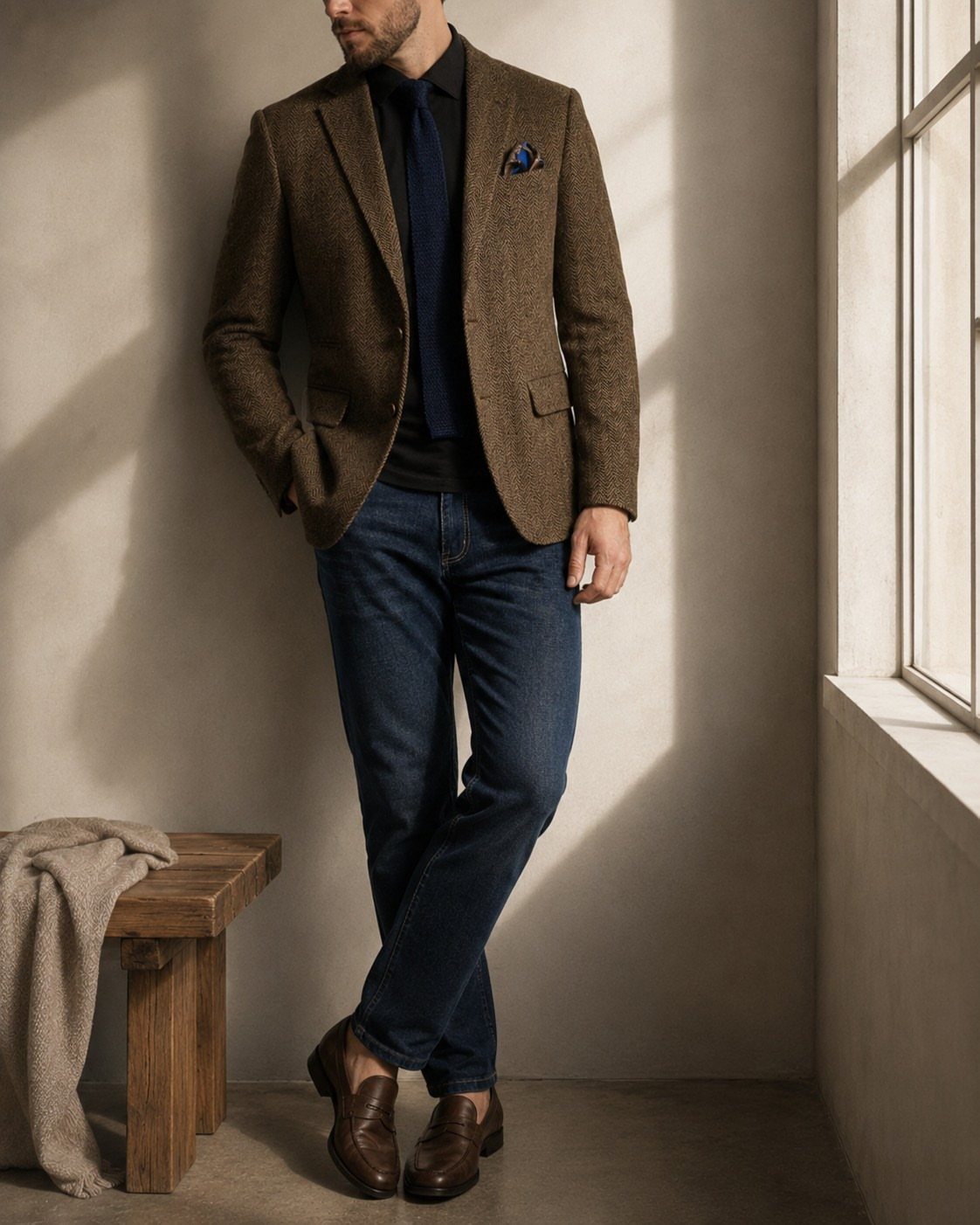 Man wearing a brown blazer, dark navy shirt, slim dark wash jeans, and brown loafers.