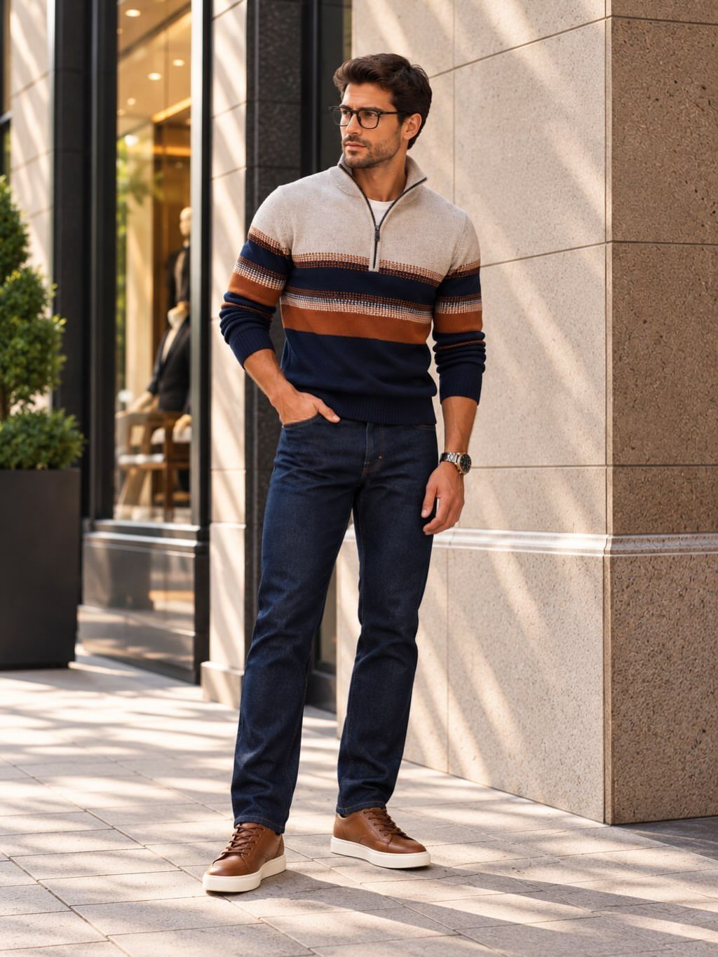 A man wearing a striped quarter-zip sweater, dark jeans, and brown sneakers standing outdoors.