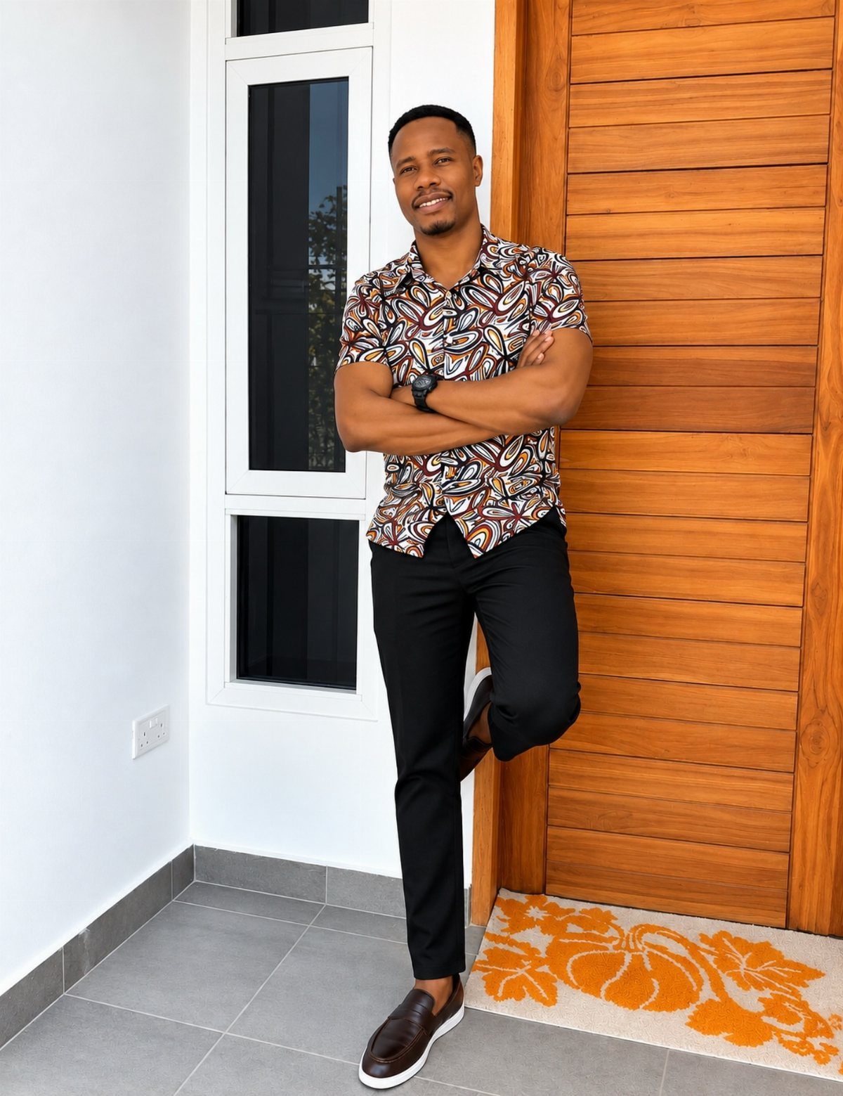 Man in a patterned short-sleeved shirt and black trousers leaning against a wooden door.