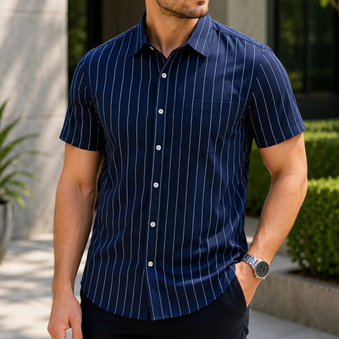 Man wearing a navy blue short-sleeved shirt with white vertical stripes and dark trousers.