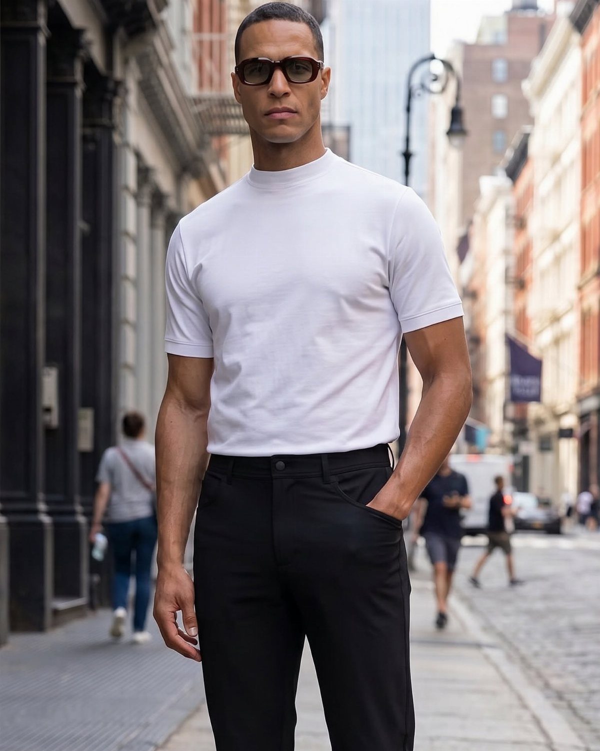 A man in a white structured t-shirt and black trousers posing on a city street.