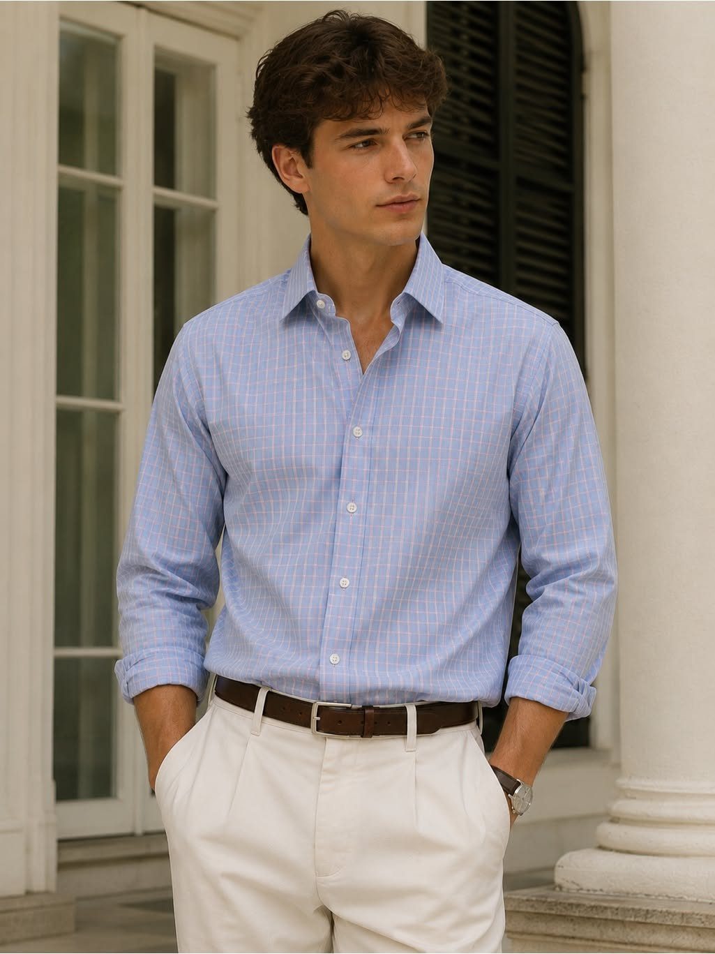A man wearing a light blue striped button-up shirt and white trousers standing outdoors.