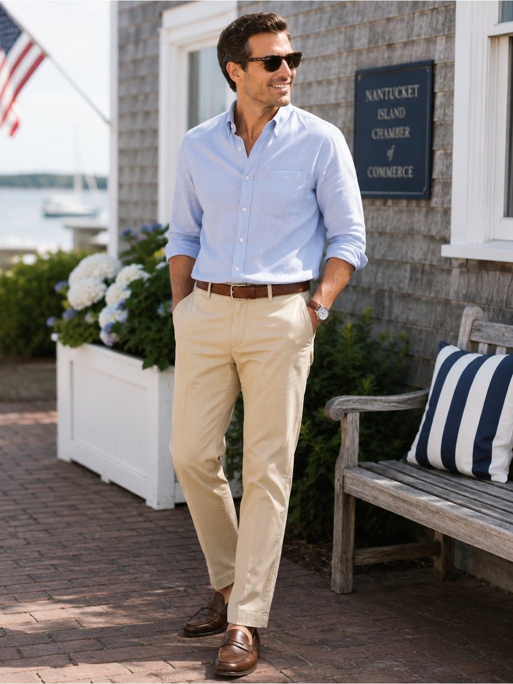 A man in a light blue shirt and tan chinos standing outdoors near a wooden bench.