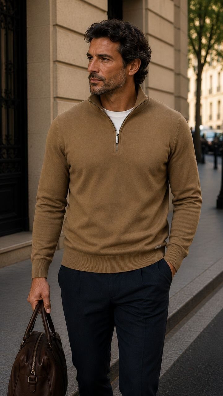 A man wearing a tan quarter-zip light sweater and navy trousers walking outdoors.