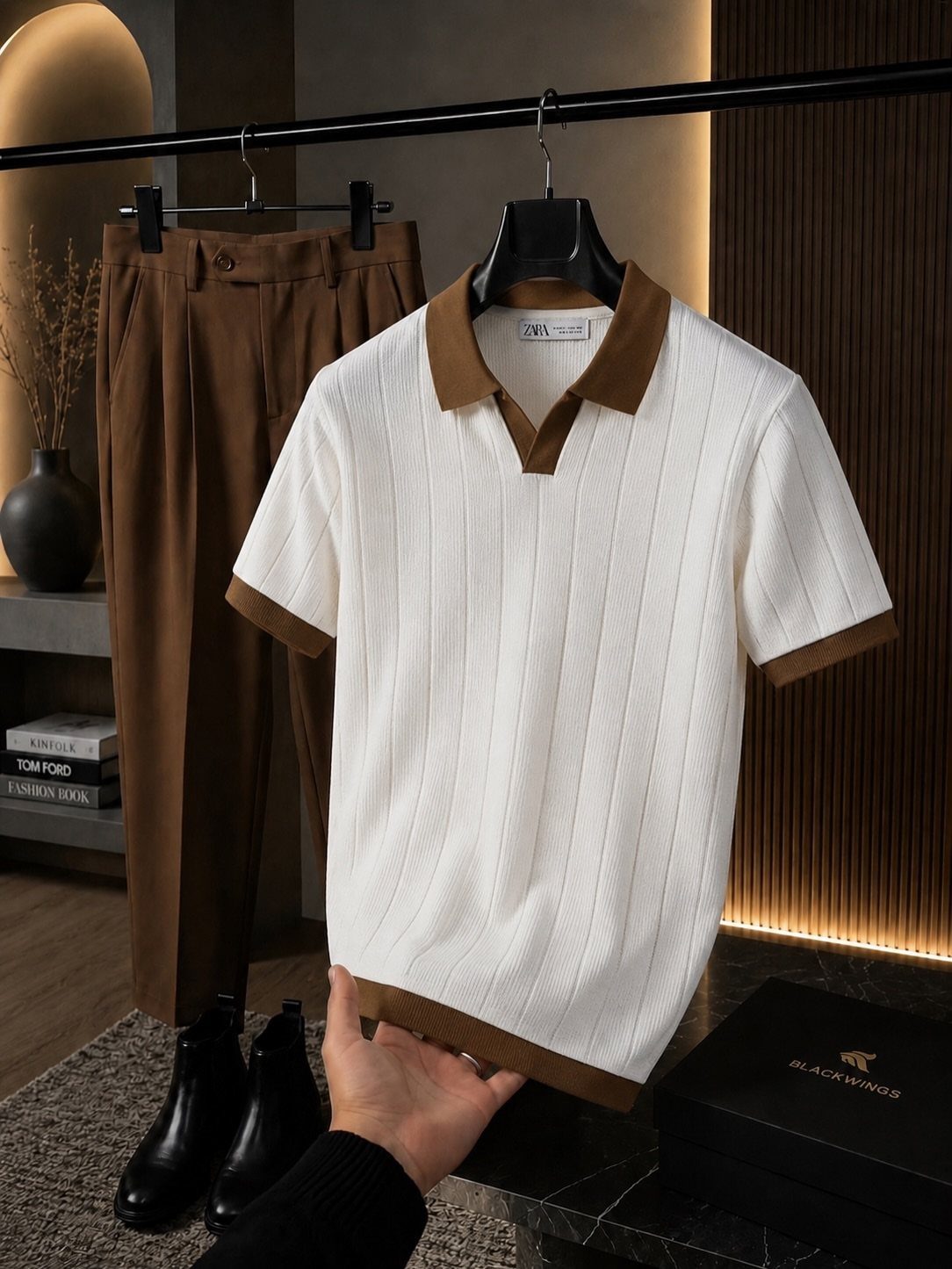 A white polo shirt with brown trim held in front of brown trousers.