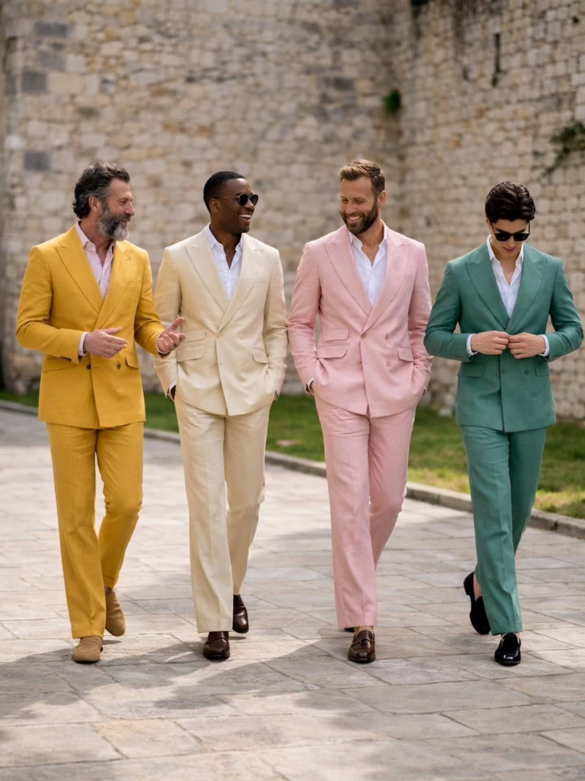 Four men walking together wearing colorful summer suits in yellow, cream, pink, and teal.