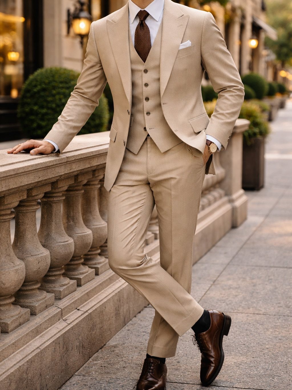 Man posing in a light brown camel three-piece suit with a brown tie and leather shoes.