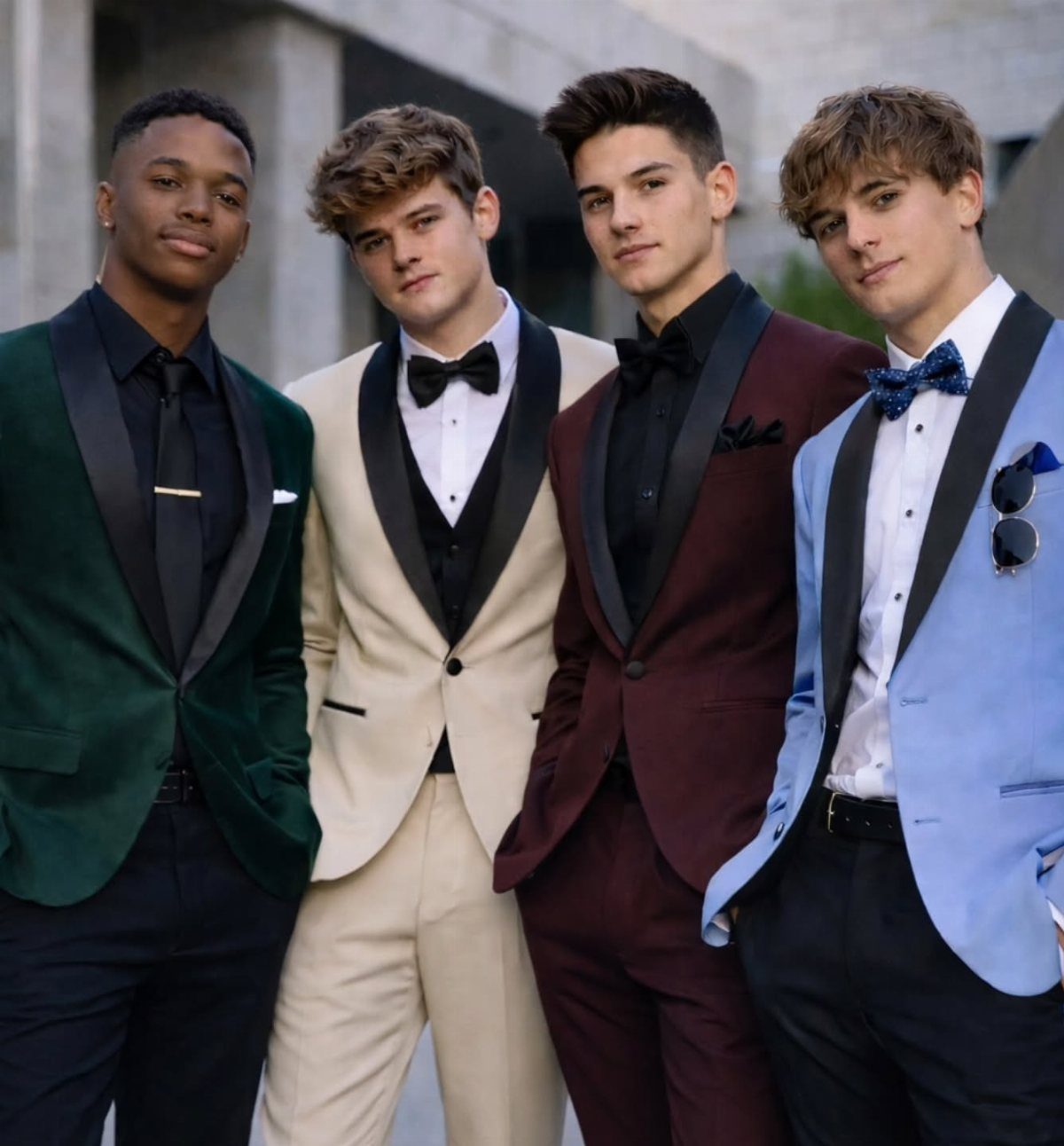 Four young men posing in colorful formal suits and tuxedos outdoors.