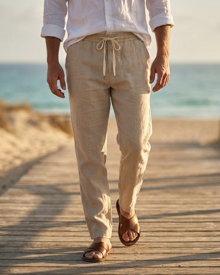 Man in white linen shirt and beige linen trousers walking on a beach boardwalk.