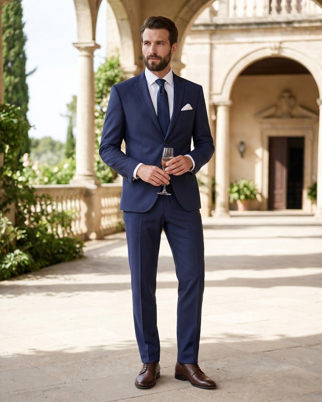 Man in a navy blue suit and brown shoes holding a champagne glass in a courtyard.