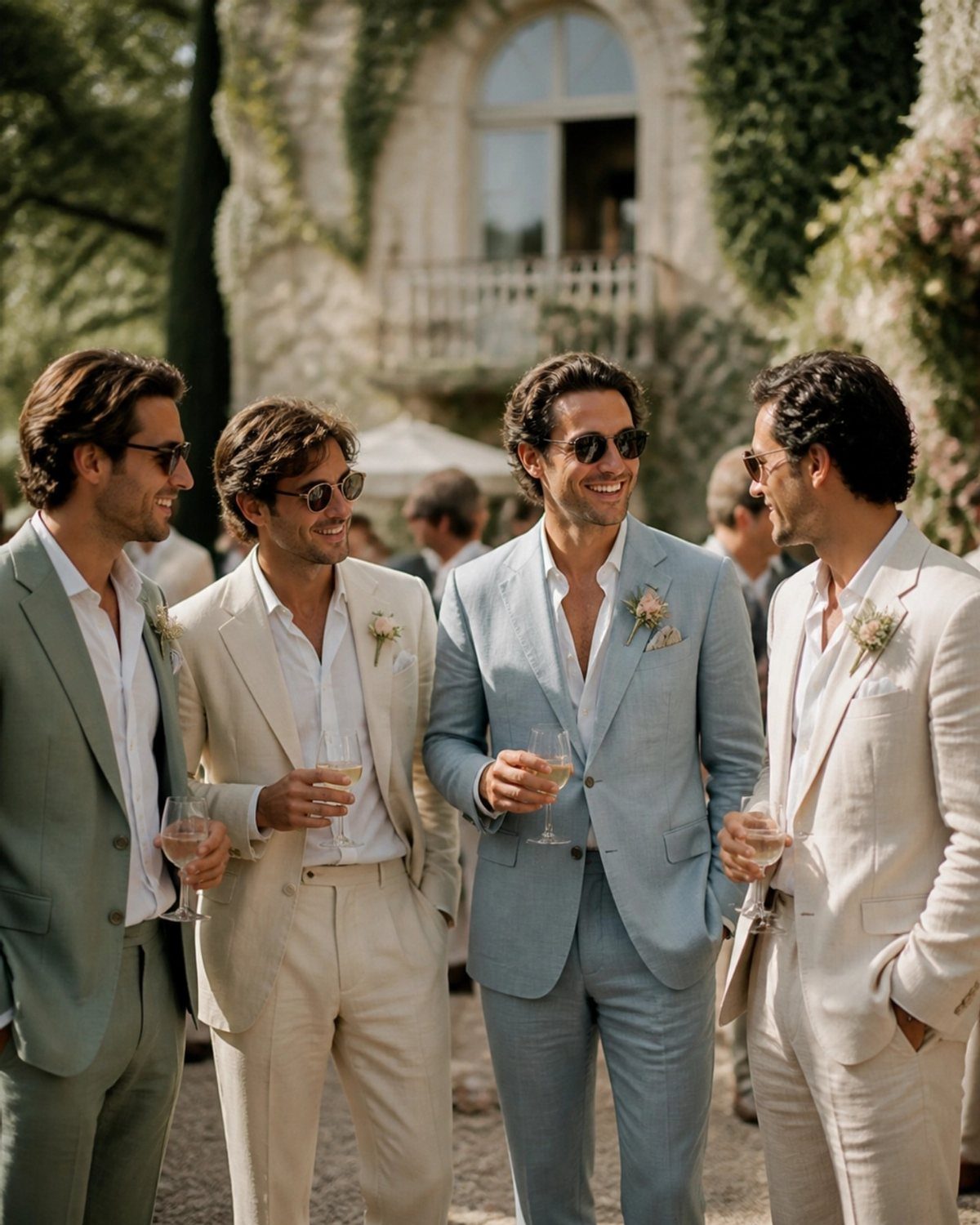 Four men in light linen suits smiling and holding drinks in a sunny garden.