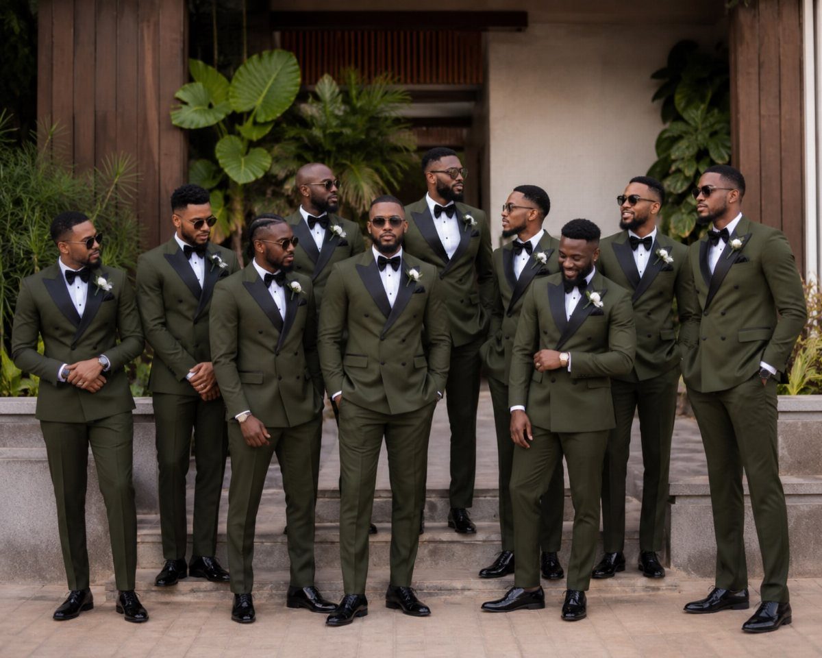 Nine men in matching olive green suits and black bow ties posing together outdoors.