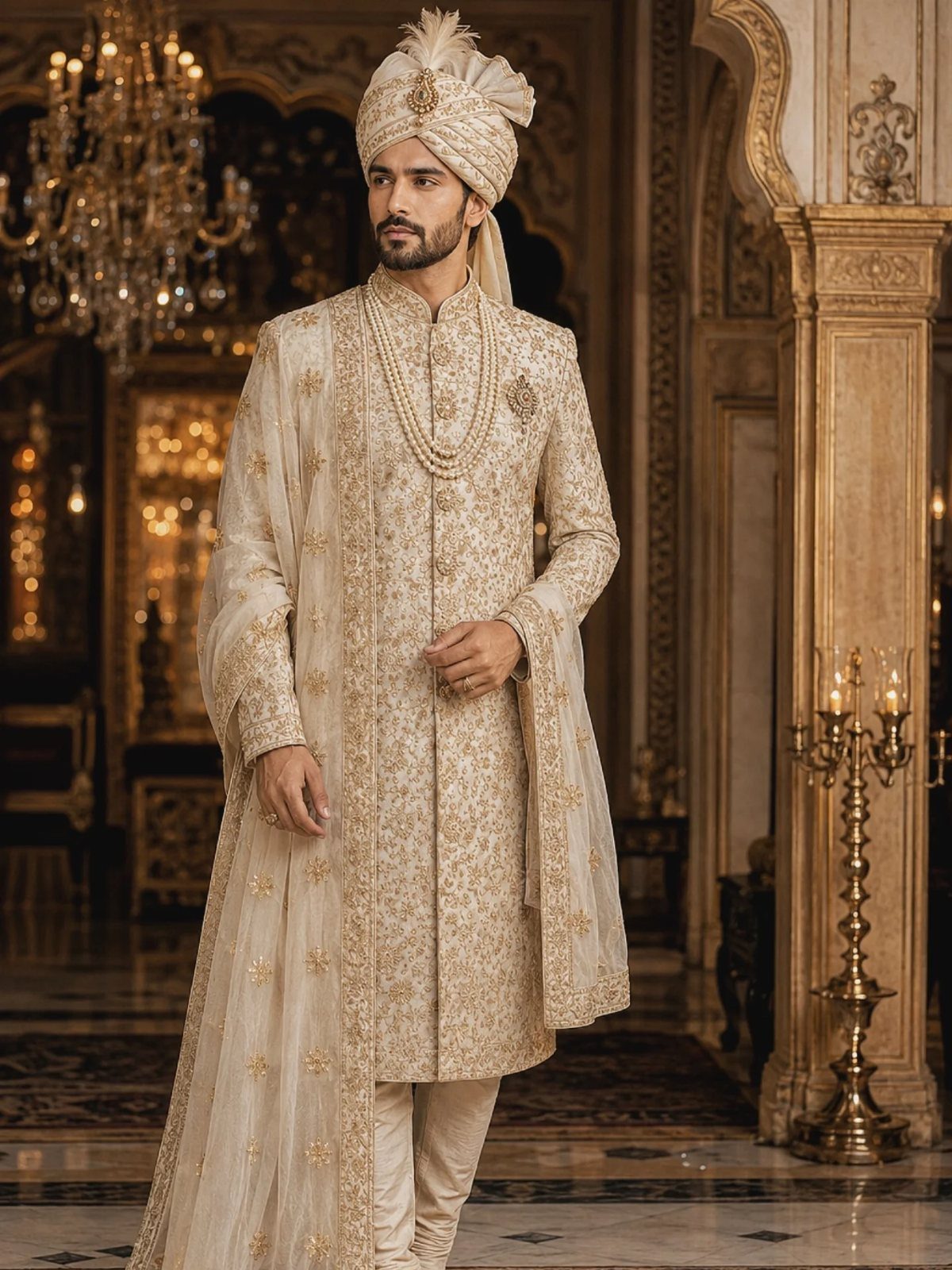 Man in cream embroidered sherwani and turban posing in an ornate palace setting.